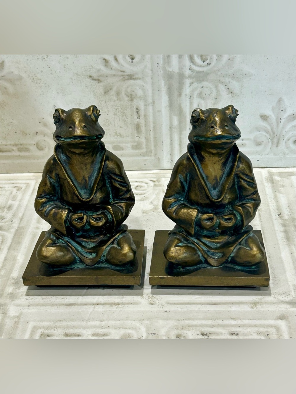 Zen Meditating Monk Frog Patina Faux Bronze Set of 2 Bookends
